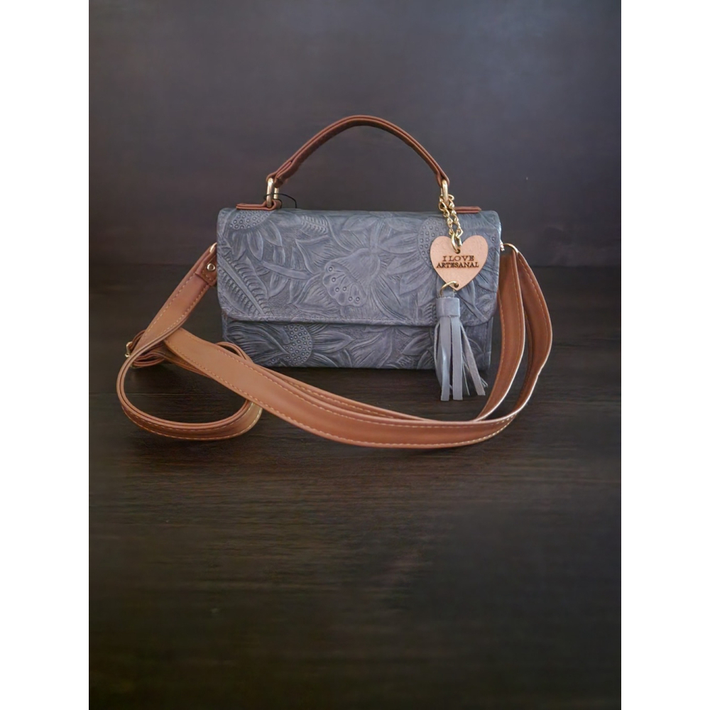 Light Blue Gray Sunflower Embossed Tooled Artisan LEATHER Crossbody Bag Purse - Picture 13 of 15